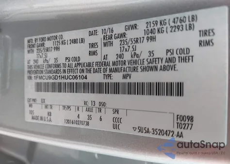 2017 Ford Escape Se z USA, uszkodzony, nr VIN 1FMCU9GD1HUC06104